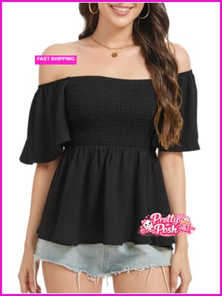 Square Neck Ruffle Puff Short Sleeve Flowy Boho Smocked Babydoll Blouse